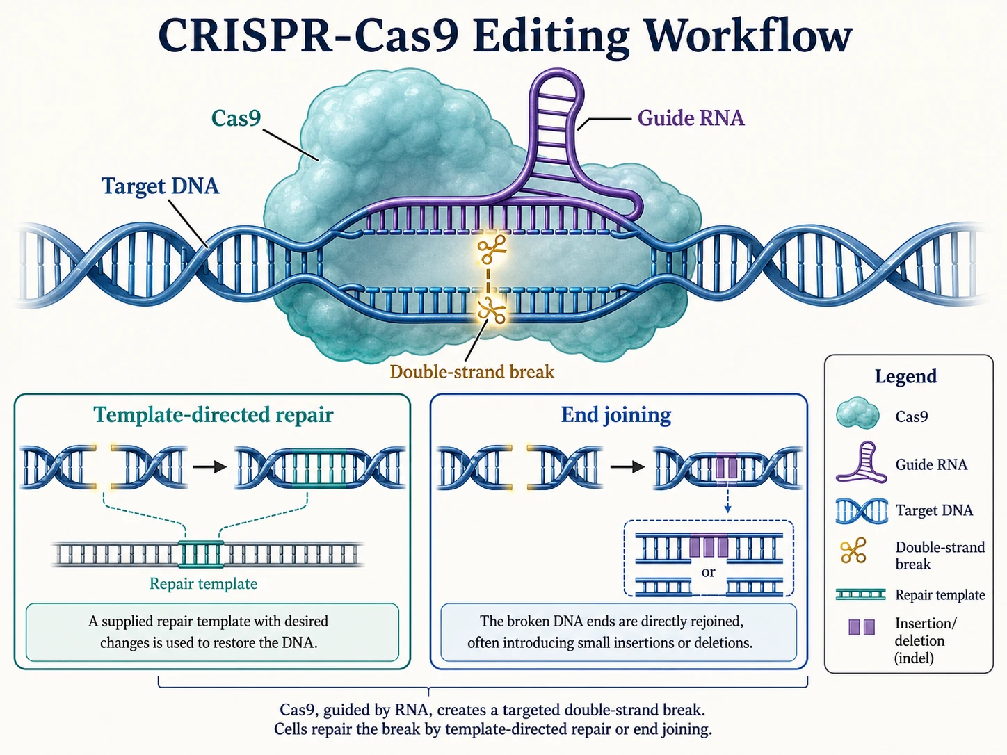 Medizinische Lehrabbildung: CRISPR-Cas9-Editierungsworkflow
