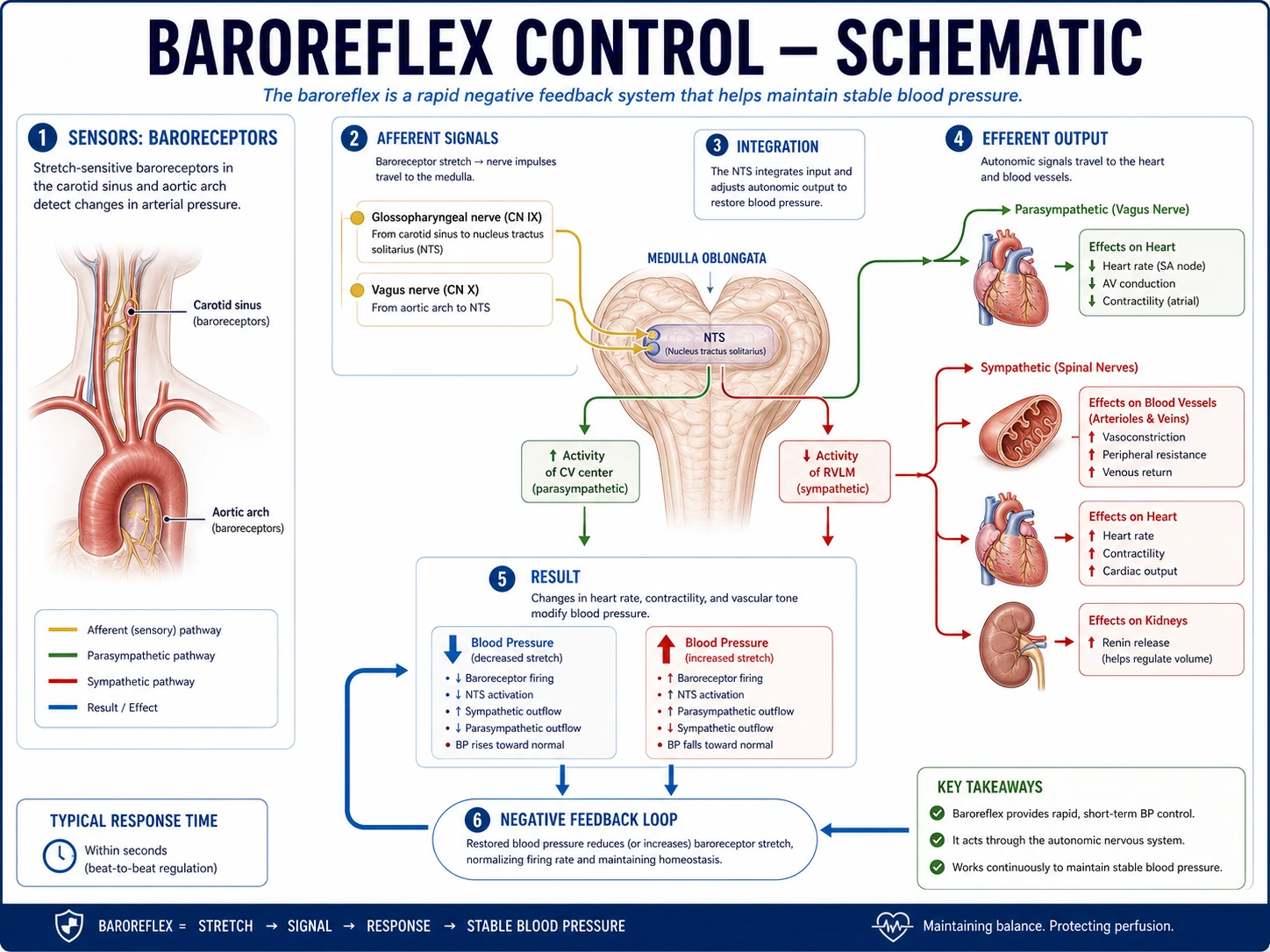 Diagramma di regolazione della pressione arteriosa che mostra i barocettori del seno carotideo e dell'arco aortico con vie riflesse autonome