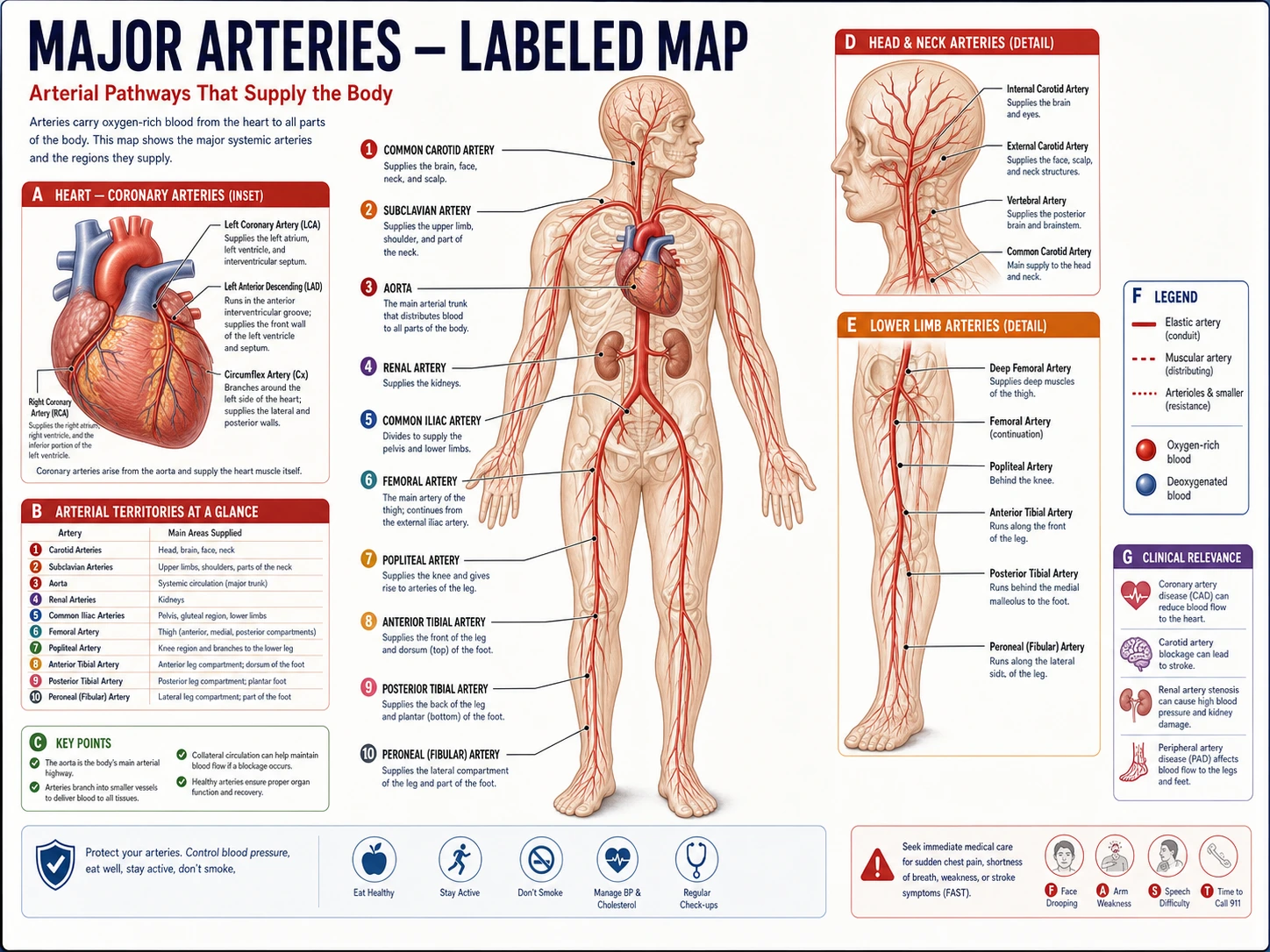 Schema del sistema arterioso principale con l'aorta carotide, succlavia, renale, mesenterica, iliaca e femorale etichettate