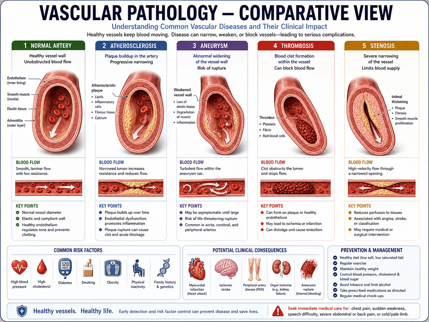 Diagramma comparativo della patologia vascolare che mostra l'aneurisma della placca aterosclerotica del vaso normale e la trombosi venosa profonda