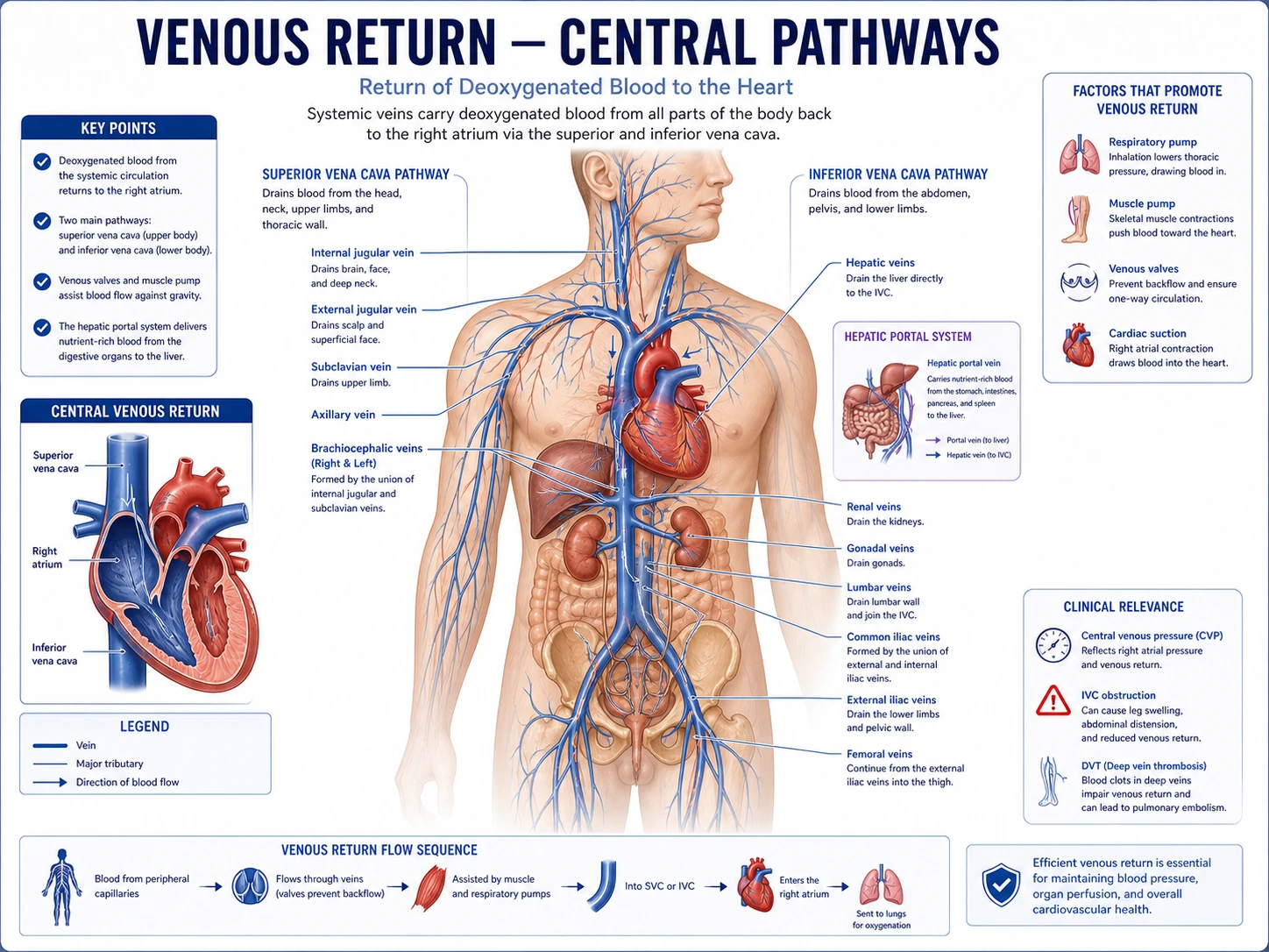Diagramma del ritorno venoso che mostra il sistema venoso portale della vena cava superiore, della vena cava inferiore e le vene profonde degli arti inferiori