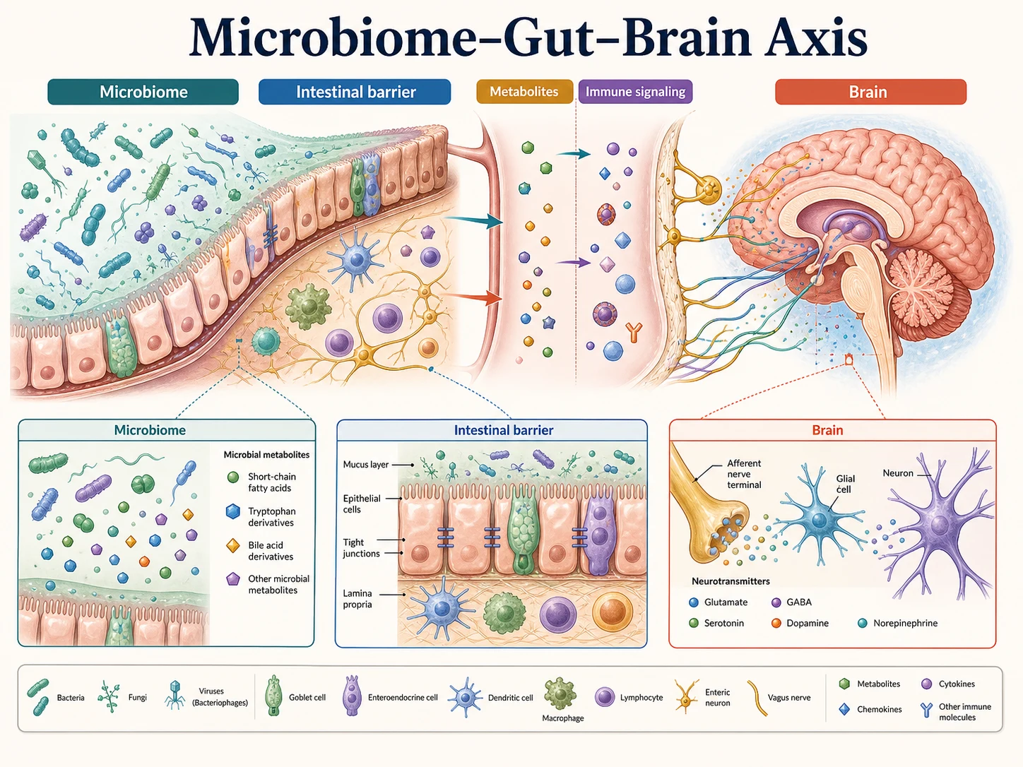 Microbiome–gut–brain axis medical teaching figure
