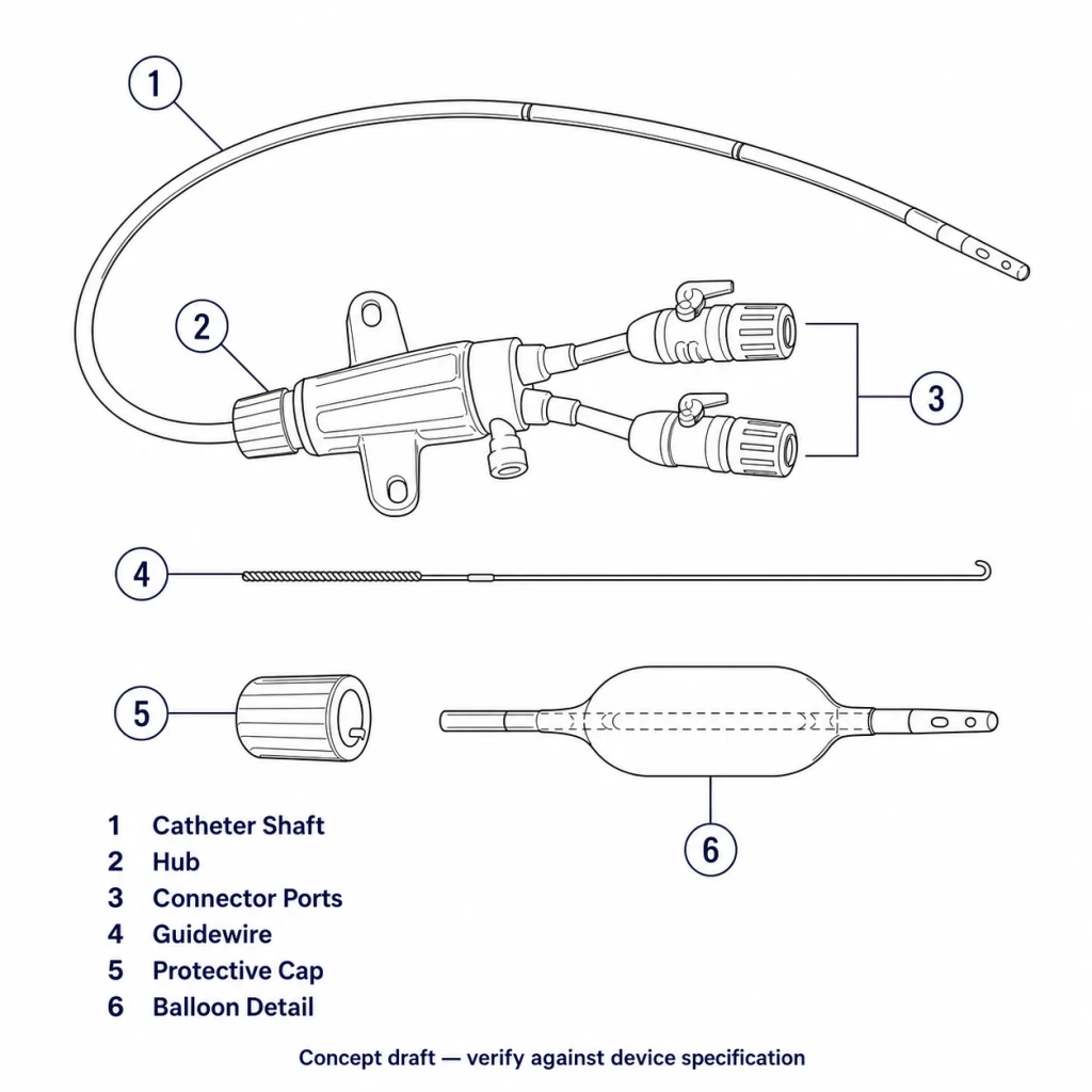 Numbered black-and-white concept drawing of a catheter shaft, hub, ports, guidewire, cap, and balloon detail