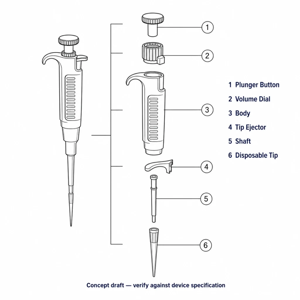 Numbered black-and-white concept drawing of an adjustable micropipette and its separated parts