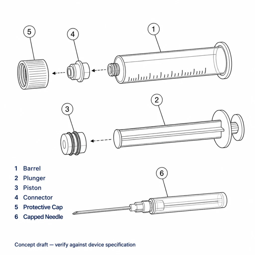 Numbered black-and-white concept drawing of separated generic syringe components