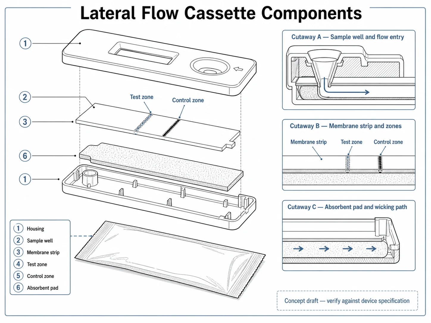 Lateral flow cassette components medical teaching figure