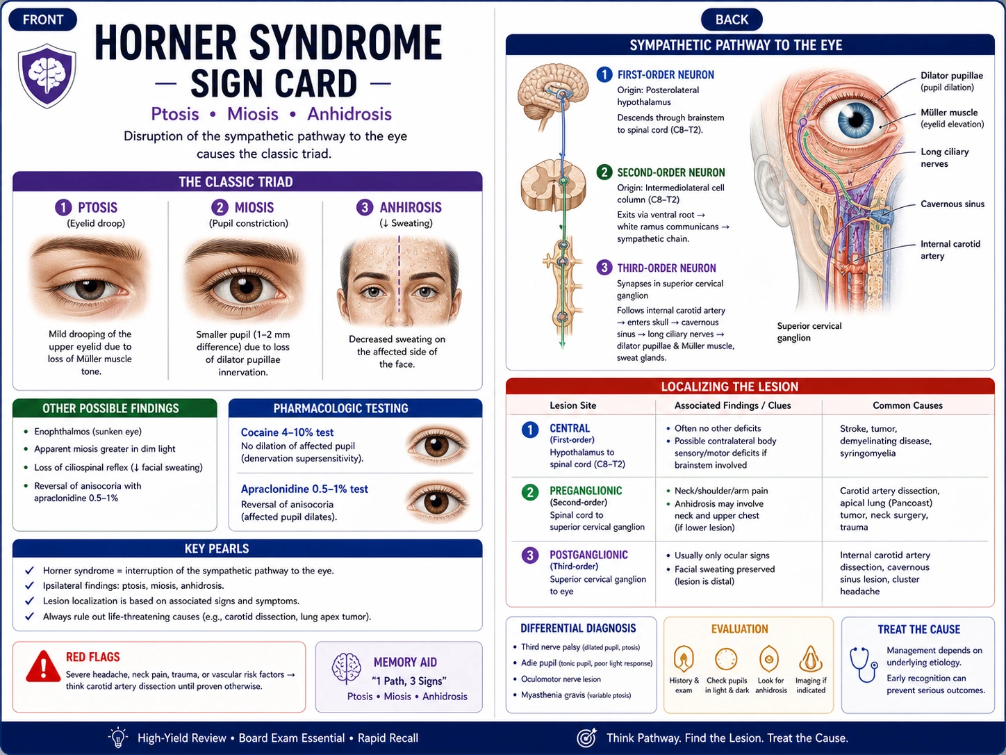 Flashcard sui segni clinici che illustra la sindrome di Horner con risultati etichettati
