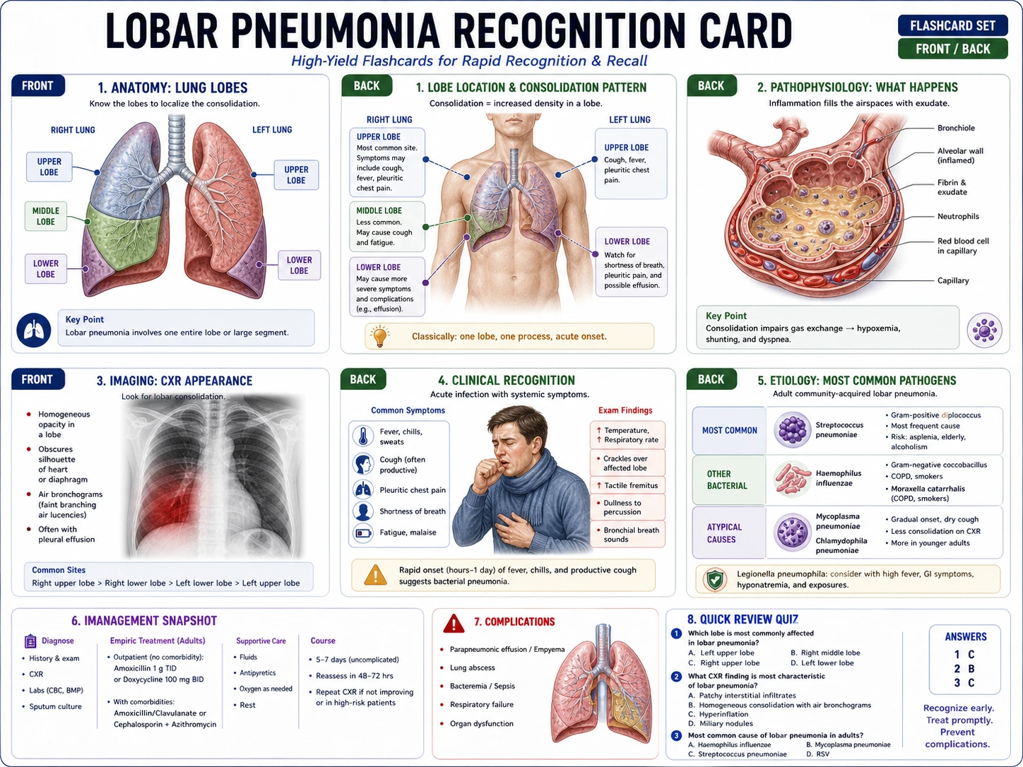Flashcard di patologia che confronta gli alveoli normali con la polmonite lobare per il riconoscimento delle immagini