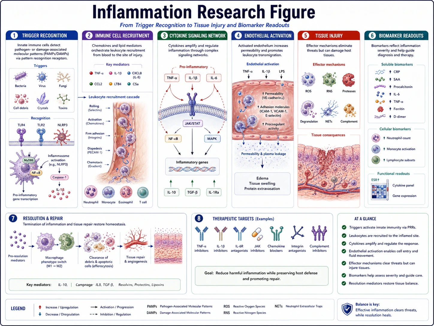 Publication-style medical research figure showing macrophage activation, cytokine release, endothelial signaling, leukocyte recruitment, and annotated inflammatory pathway arrows across multiple panels