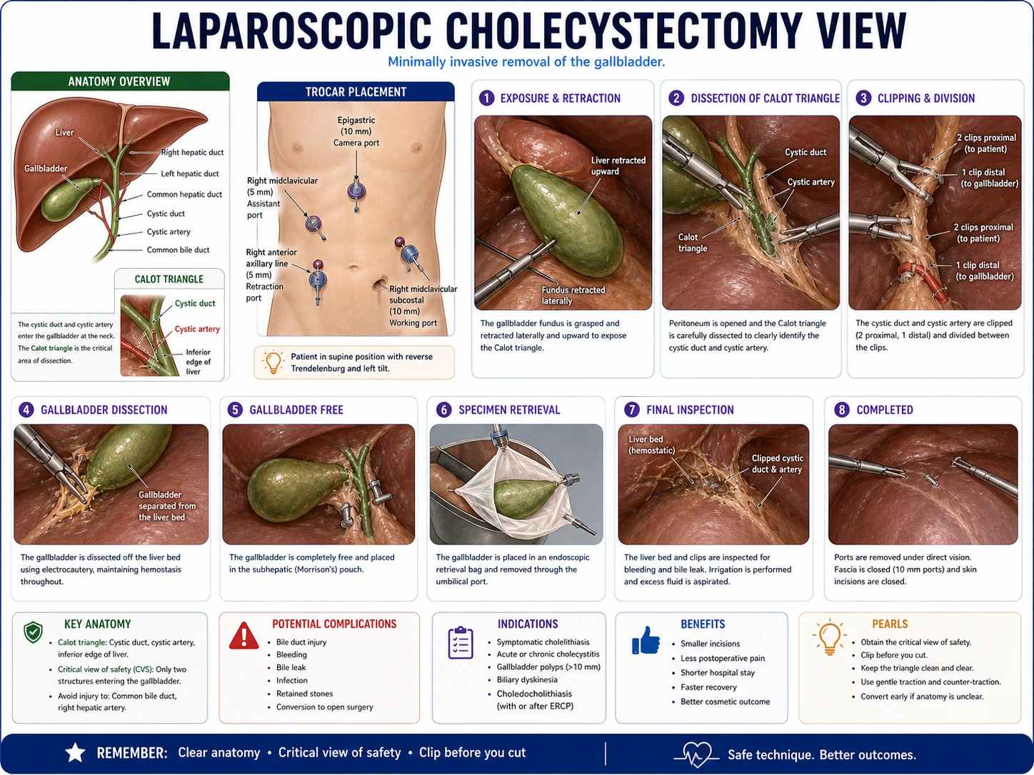 Medical surgical illustration of laparoscopic cholecystectomy with umbilical camera port, right upper quadrant working ports, gallbladder retraction, cystic duct clips, and labeled abdominal landmarks