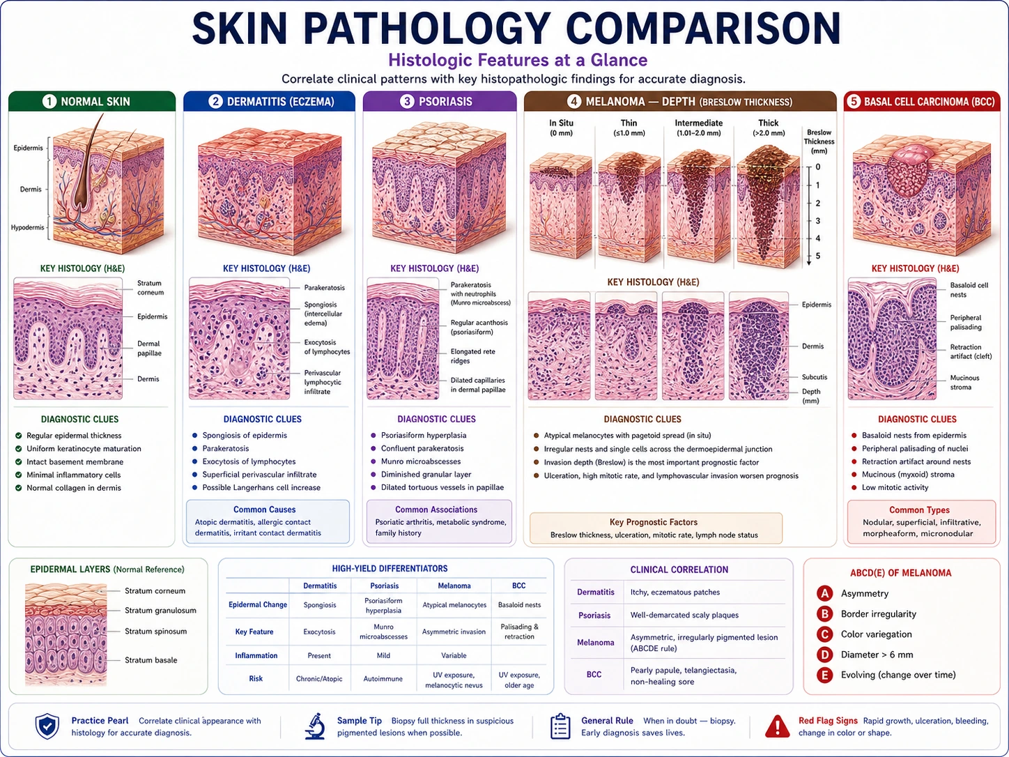 Comparative pathology medical illustration showing normal skin beside basal cell carcinoma with epidermis, dermis, peripheral palisading, tumor nests, and biopsy orientation labels