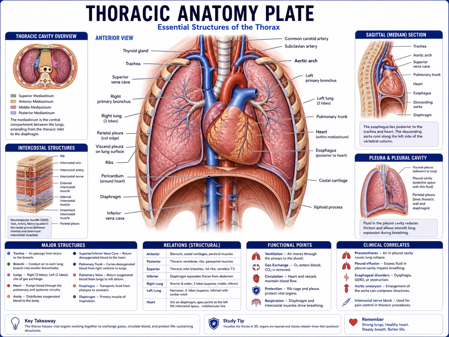 Detailed thoracic medical illustration showing heart chambers, aortic arch, pulmonary arteries, lungs, trachea, esophagus, and mediastinal relationships in an anterior cutaway textbook plate