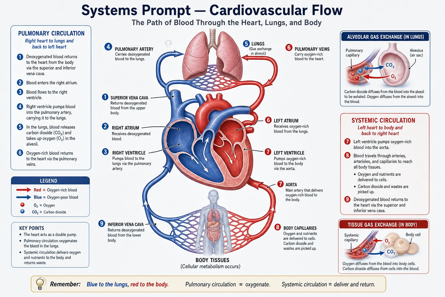 Panoramica della circolazione cardiovascolare che mostra il flusso sistemico e polmonare con frecce colorate