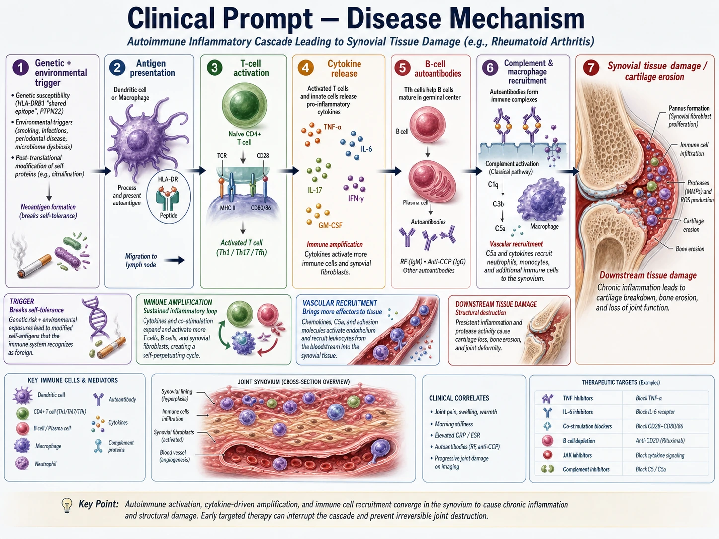 Diagramma del meccanismo clinico che mostra la cascata immunitaria dell'innesco infiammatorio e il danno tissutale