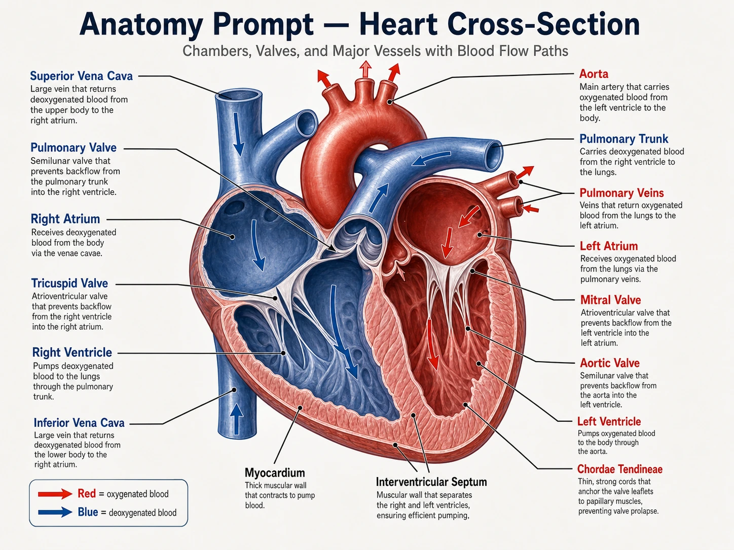 Illustrazione medica della sezione trasversale del cuore etichettata con valvole delle camere e vasi principali