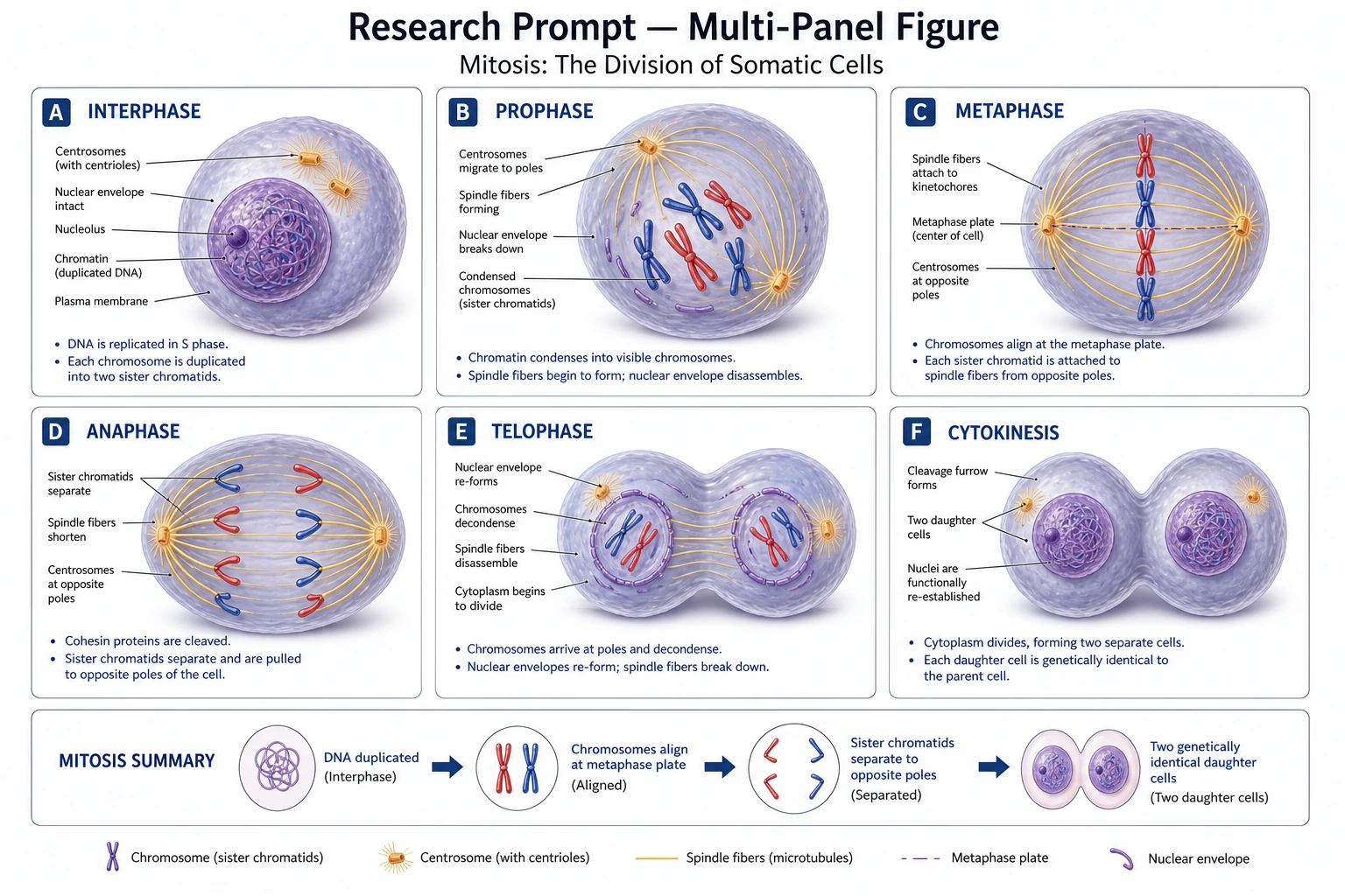 Figura scientifica che mostra gli stadi della mitosi disposti in sequenza per un poster di una conferenza
