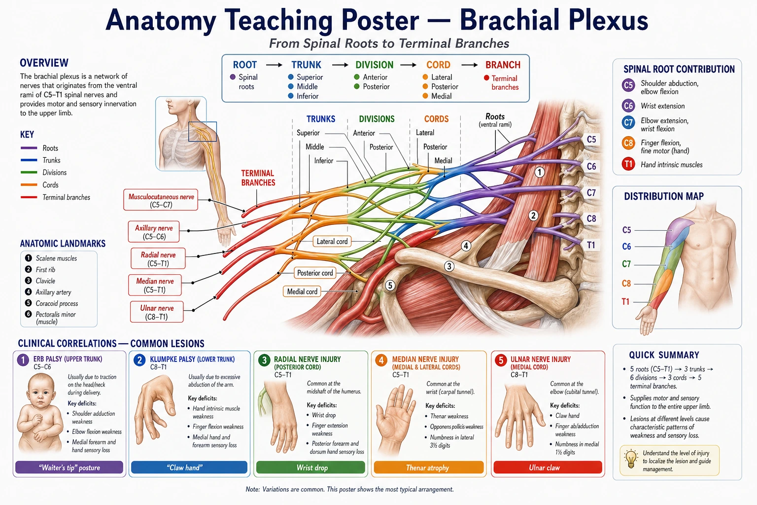 Anatomy teaching poster of the brachial plexus with labeled branches, dermatomal references, and lesion correlations for medical students