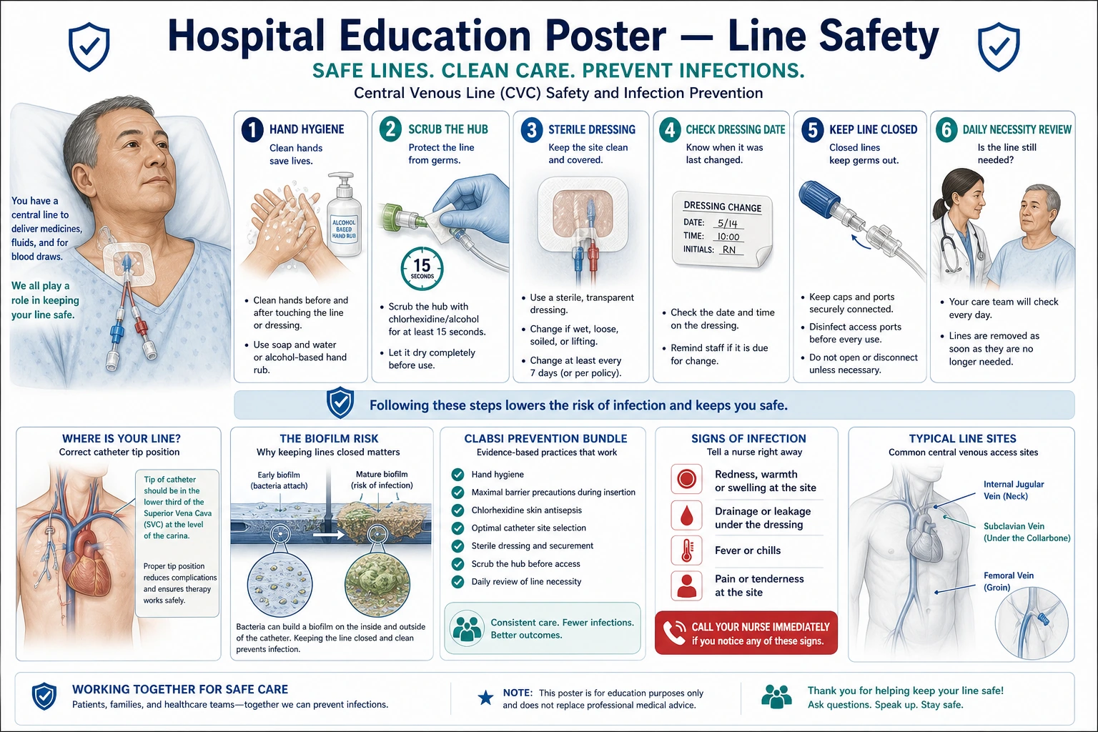 Hospital educational poster showing infection prevention checklist, maintenance reminders, warning signs, and escalation contacts for inpatient staff