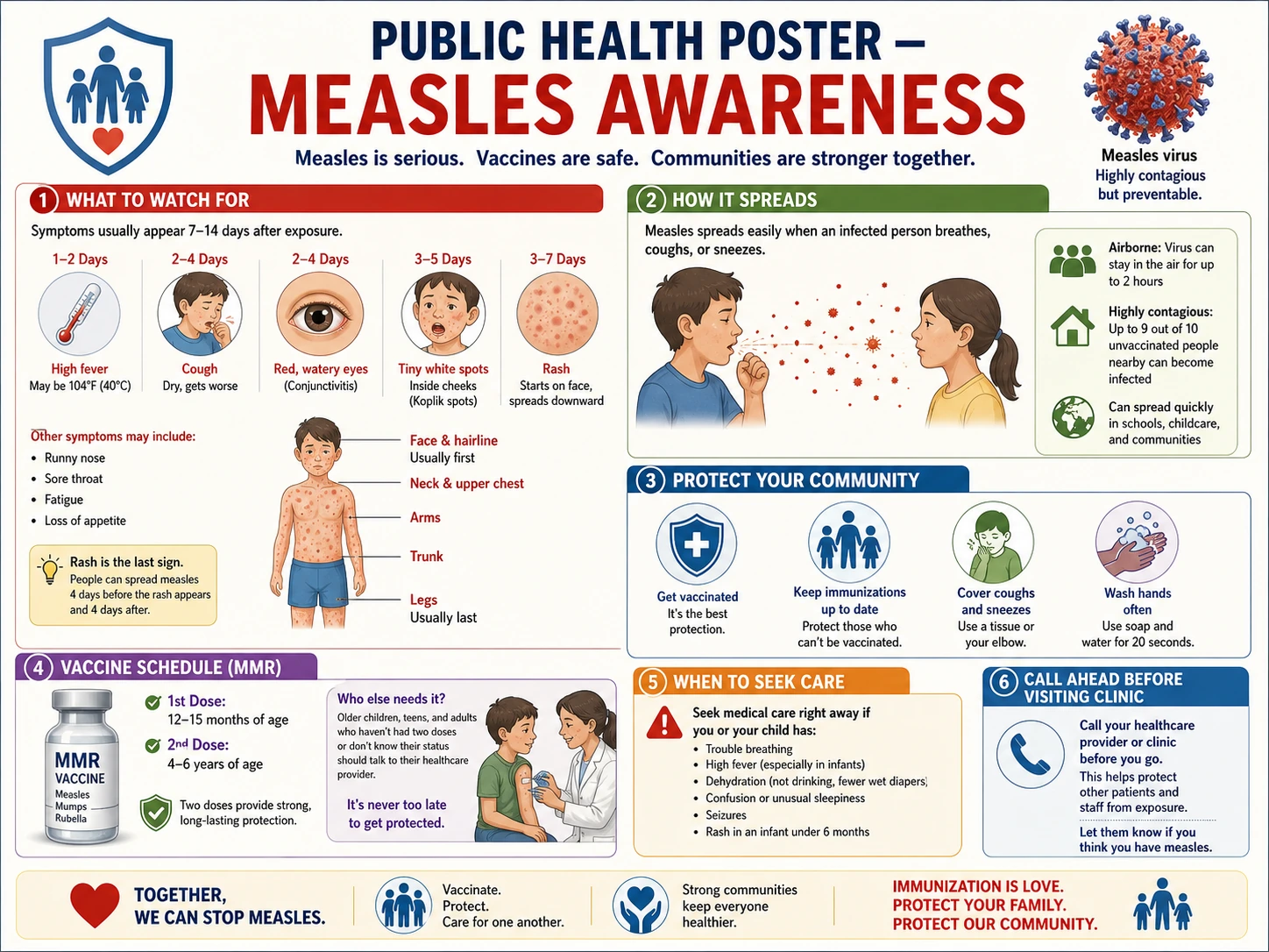 Public health awareness poster on measles vaccination with transmission diagram, symptom callouts, vaccine timing, and prevention guidance