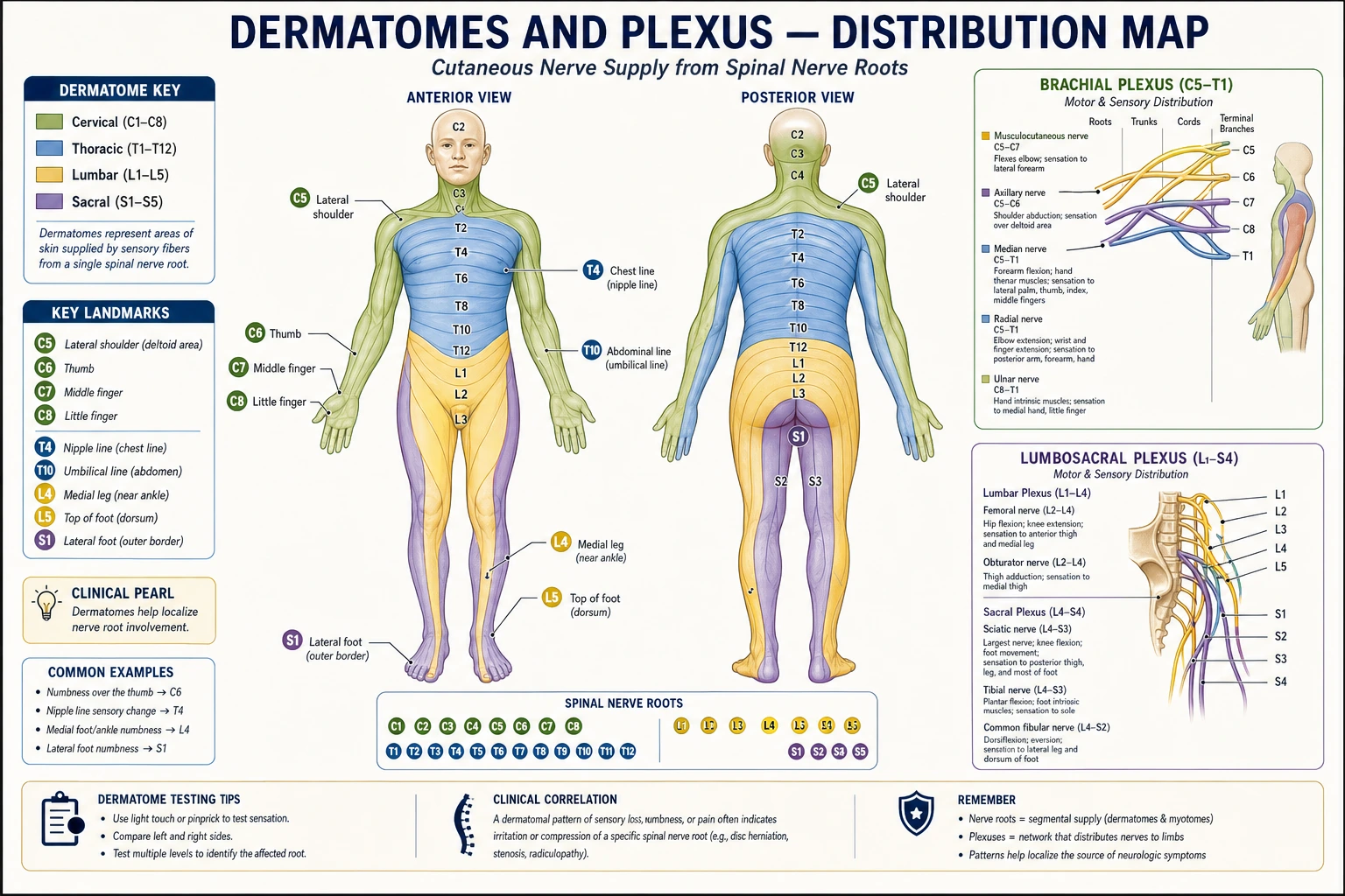 Diagramm zu Dermatomen und Plexus mit Plexus brachialis, Plexus lumbalis und Karten segmentaler sensibler Verteilung