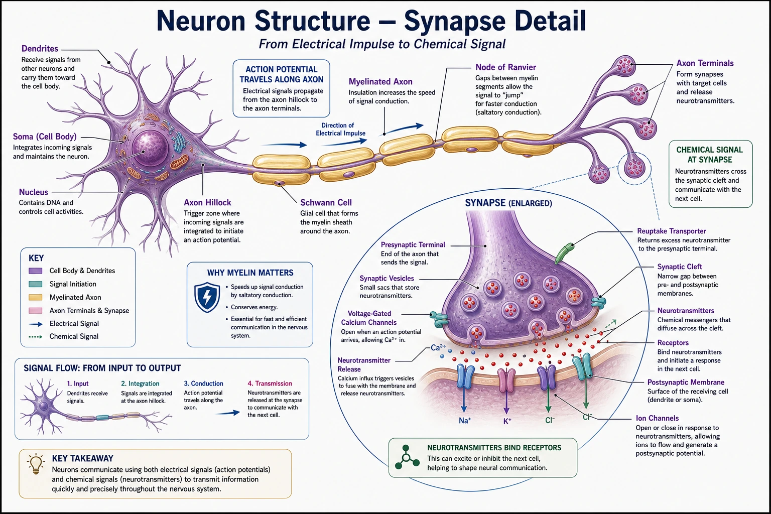 Detaildiagramm zu Neuronstruktur und Synapse mit Dendriten, Axon, Myelin, synaptischen Vesikeln und Rezeptoren