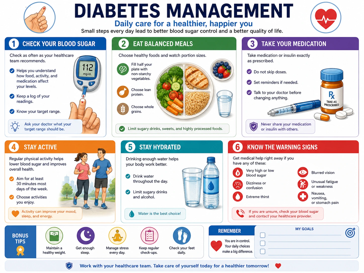 Projet sur la gestion du diabète avec suivi, alimentation, médicaments, activité, hydratation et signes d'alerte