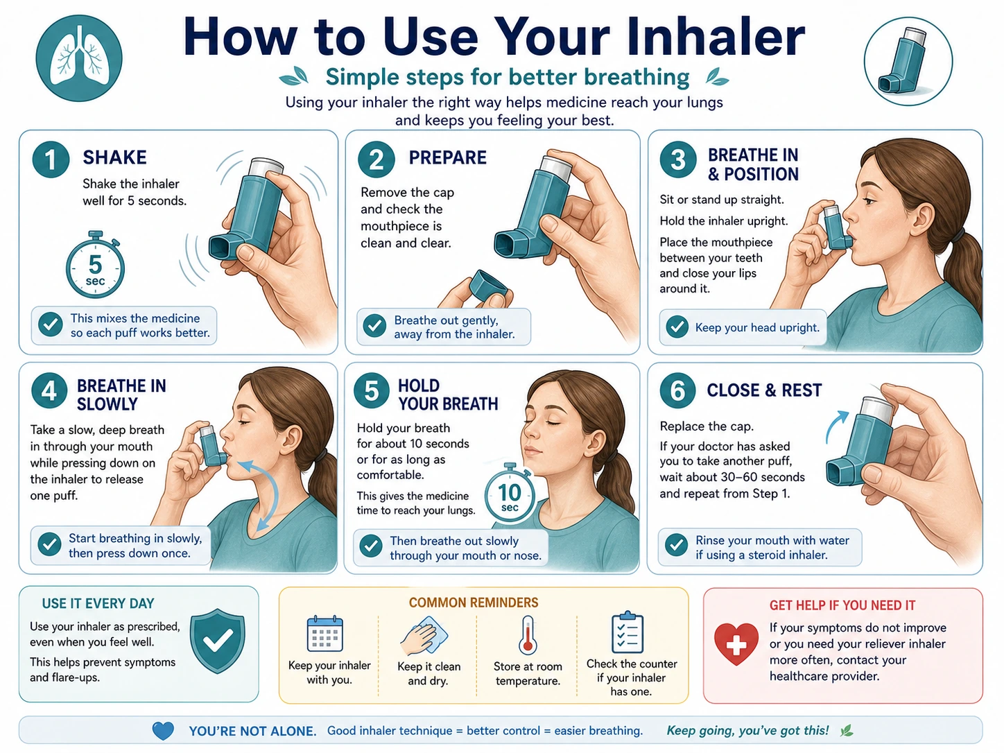 Projet éducatif en six panneaux montrant les étapes d'utilisation d'un inhalateur