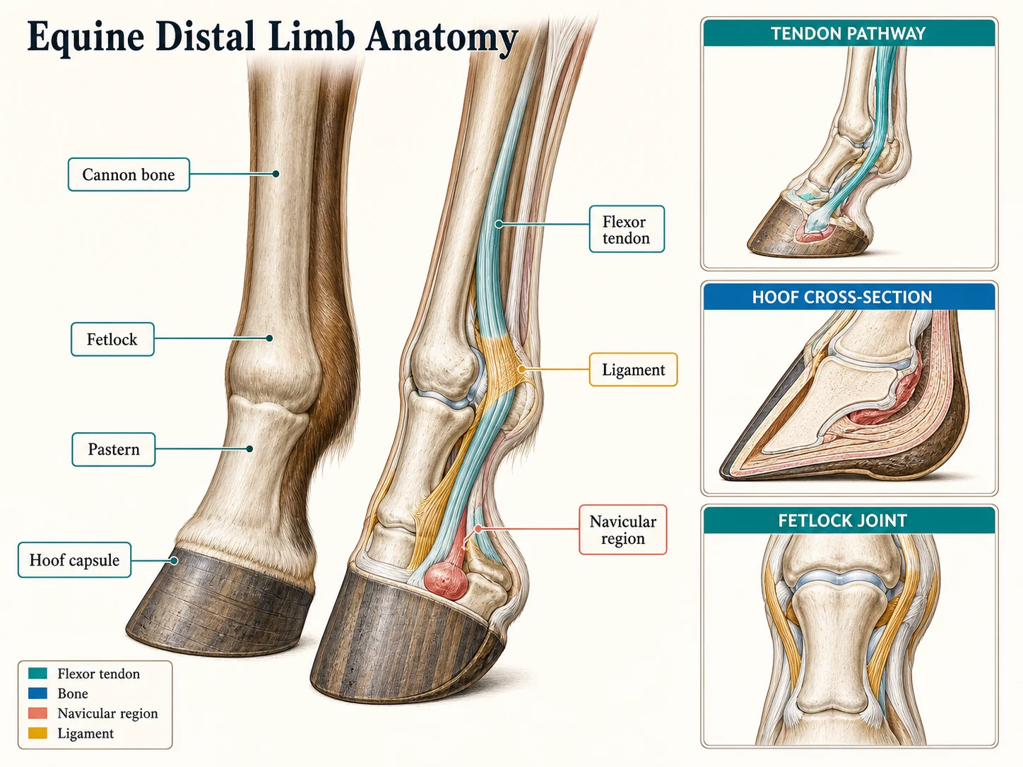 Medizinische Lehrabbildung: Anatomie der distalen Gliedmaße beim Pferd