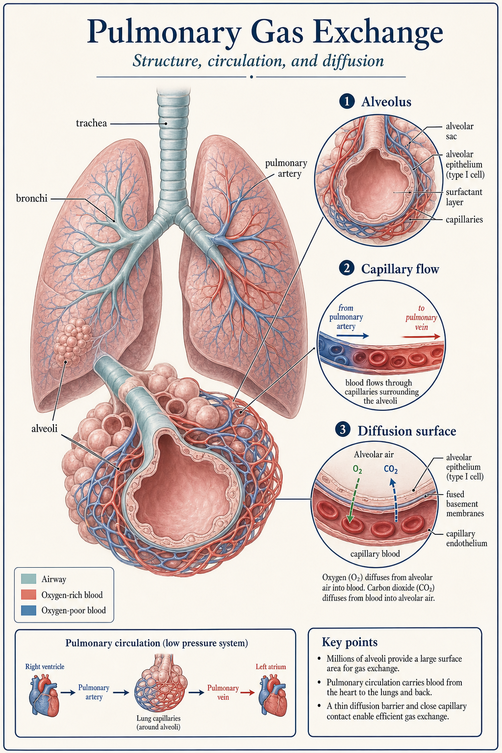 Tavola didattica medica ad alta densità informativa che spiega gli scambi gassosi polmonari con alveoli, capillari, percorsi di ossigeno e anidride carbonica, riquadri di dettaglio e legenda etichettati
