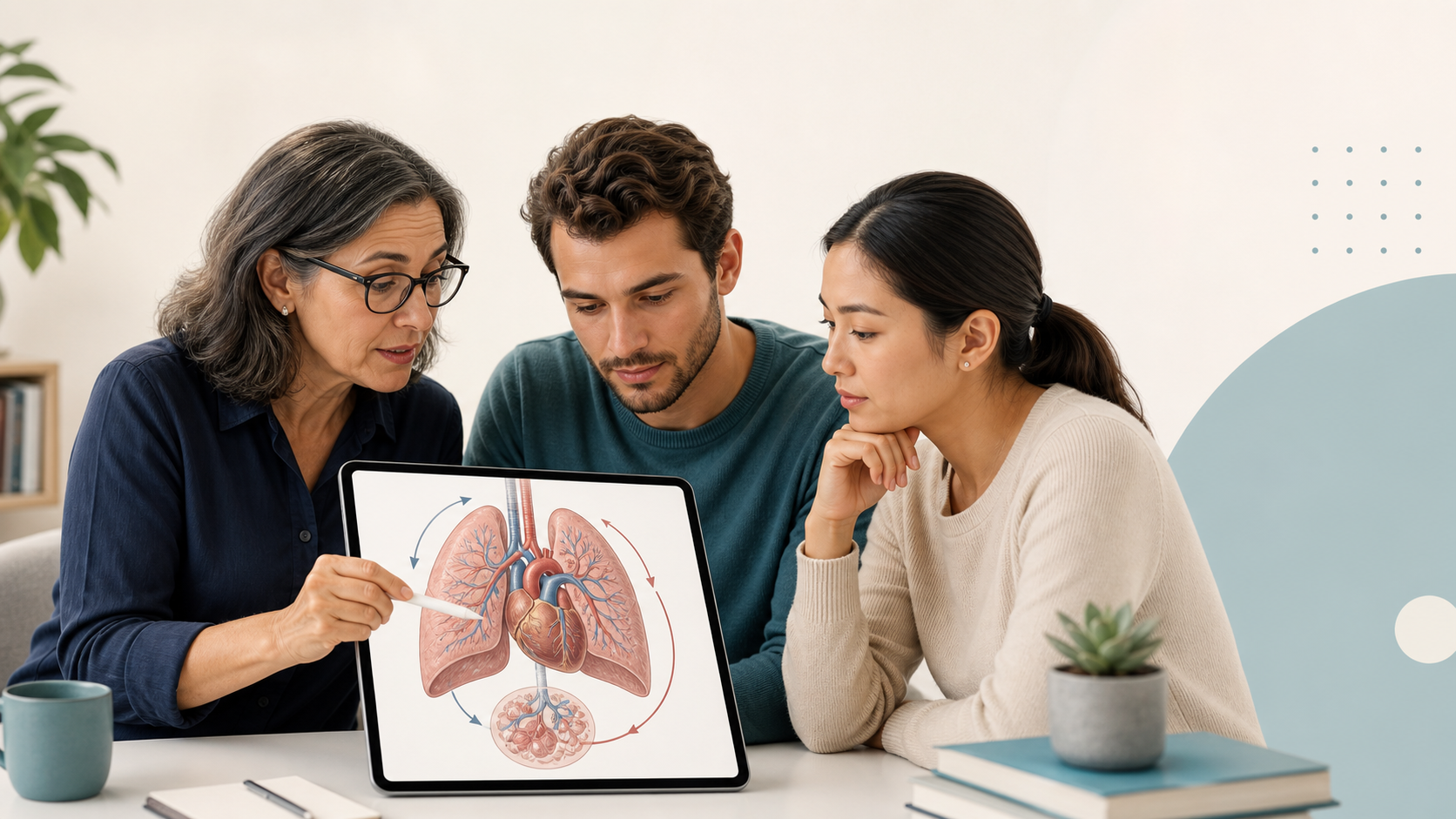 Educatore e studenti che esaminano un elemento visivo didattico dell'anatomia polmonare