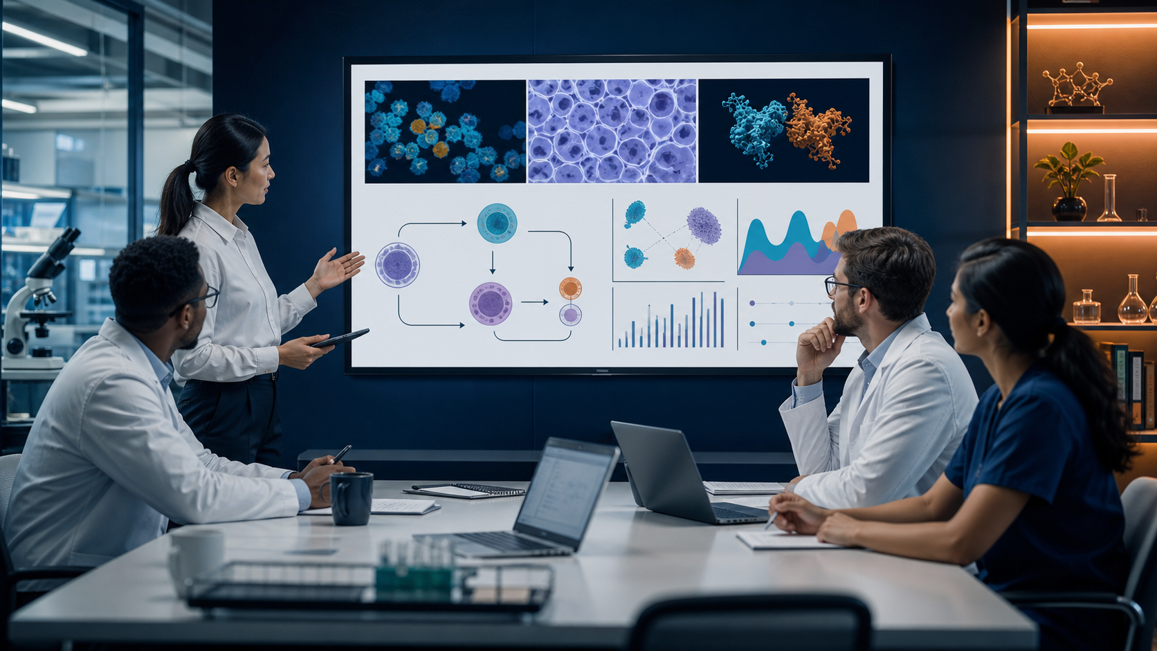Team di ricerca che esamina una figura di presentazione scientifica multipannello
