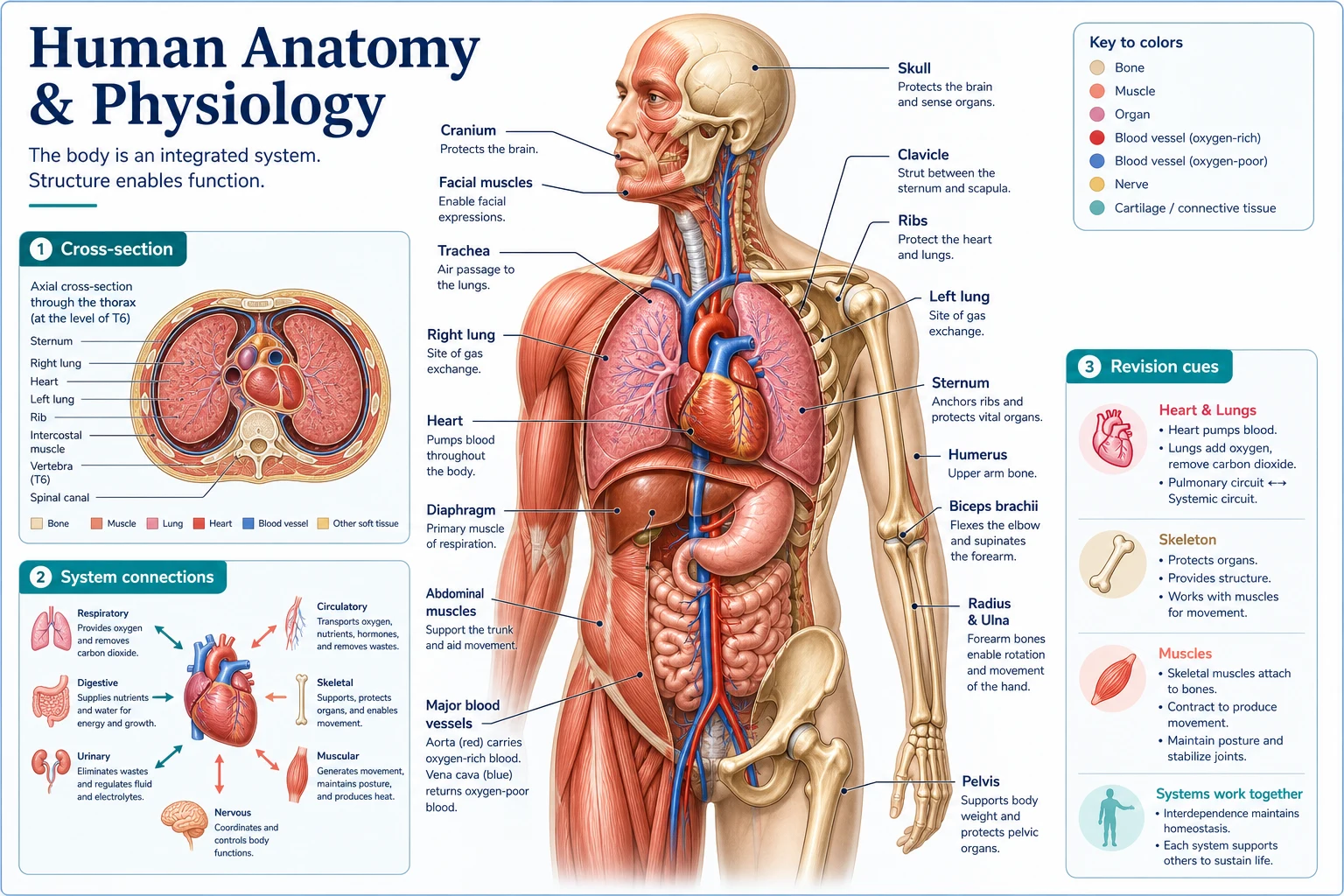 High-detail human anatomy and physiology teaching board with a torso cutaway, system connections, cross-section, labels, and color legend