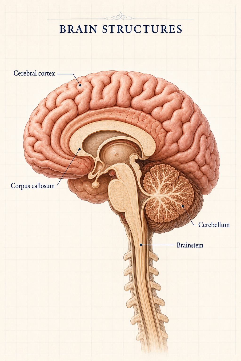 Labelled sagittal brain anatomy teaching plate